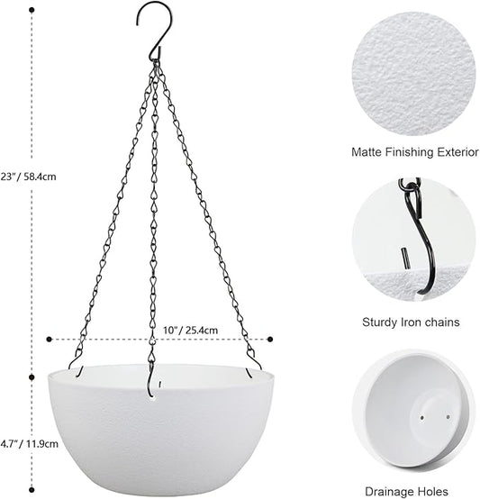 10 inch Hanging Planters for Indoor Outdoor Plants, 2 Pack Hanging Flower Pots with Drainage Holes and Chain for Garden Balcony Porch, Round Plastic Hanging Baskets for House Plants, White