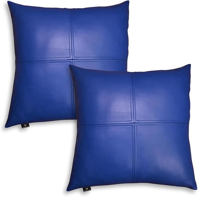 LL LEATHER LOVERS Lambskin Leather Pillow Cover, Hand Panel Stitched Leather Decorative Throw Pillow Covers for Couch Sofa Bed Living Room Garden (22x22 Inches, Deep Blue Pack of 2)