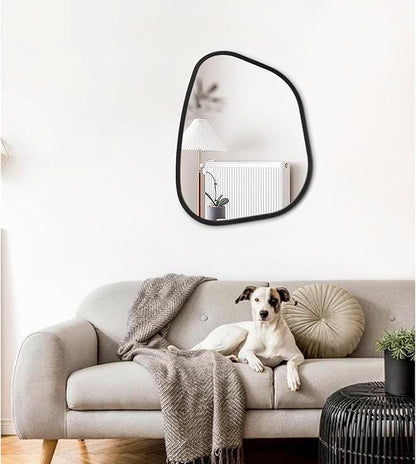 Irregular Wall Mirror Asymmetrical White Mirror Modern Wood Frame Unique Shape Wall Mounted Vanity Artistic Mirror Decor for Living Room Bedroom Bathroom Entryway Hallway 20"x16"