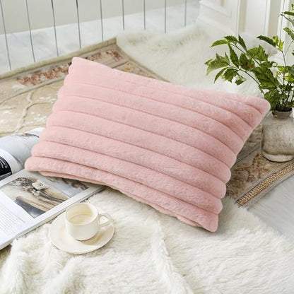 decorUhome Faux Fur Spring Throw Pillow Covers 12x20 Set of 2, Decorative Soft Plush Striped Lumbar Neutral Couch Pillow Covers with Velvet Back for Sofa, Bed, Living Room Home, Pink