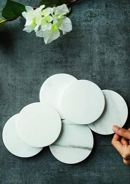 Coasters for Drinks - Set of 6 Modern Coasters - 4" Wide Drink Coasters - Made from Real Solid Marble White Marble Coasters Round Shape