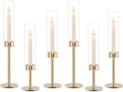 Gold Hurricane Candle Holders Set of 6, Tall Metal Windproof Glass Taper Candle Holder for Candlestick, Candle Sticks Decor, Table Centerpieces for Wedding, Candlelit Dinner Party Fireplace Decoration