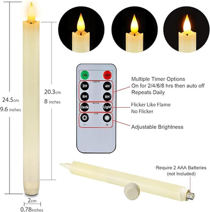 Homemory 2 Pcs Real Wax Made Flameless Taper Candles with Remote and Timer, 9.6" Ivory Battery Operated Candle Stick Flickering, Led Taper Candles with Lifelike Flame for Indoor Home Decor