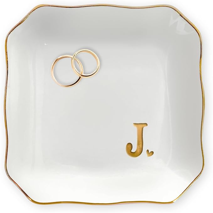 OASSIE Valentines Day Gifts for Her - 4"x4" Initials Ceramic Jewelry Dish Tray Letter J - Engagement Wedding Bridal Shower Gifts for Bride, Bridesmaid Gift, Birthday Gift for Women Teacher Friend