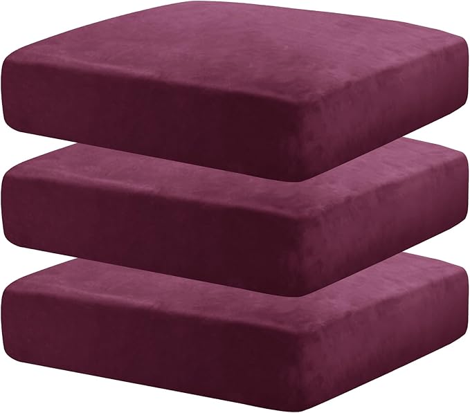 MAXIJIN Velvet Stretch Seat Cushion Covers Couch Cushion Cover for Individual Cushions Sofa Seat Cushion Slipcovers with Elastic Bottom (3 Piece XL Sofa Cushion Covers, Wine Red)