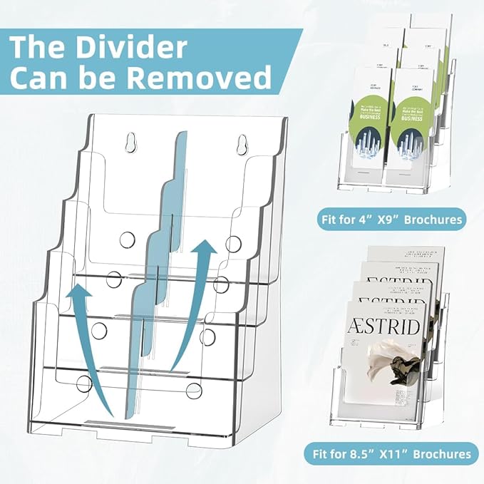 Acrylic Brochure Holder 8.5 x 11 inch, 4 Tier Magazine Stand Clear Literature Organizer Pamphlet Holder with Removable Divider for 4 x 9 inch Brochures for Wall Mount or Desktop