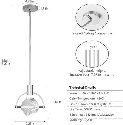 Pendant Ceiling Light Fixture for Kitchen Island, Modern Mini Integrated LED Hanging Light, Crystal Pendant Light in Chrome, Bedroom, Dining Room, Bar (1-Lights)