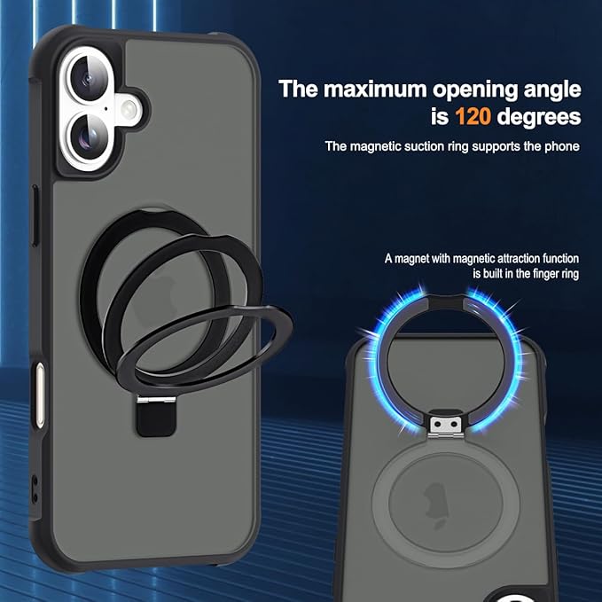 Compatible with iPhone 16 Case with Invisible Magnetic O-Ring Stand Military-Grade Translucent Case for iPhone 16 6.1" [Compatible with Mag-Safe][Great Grip Feeling], Black