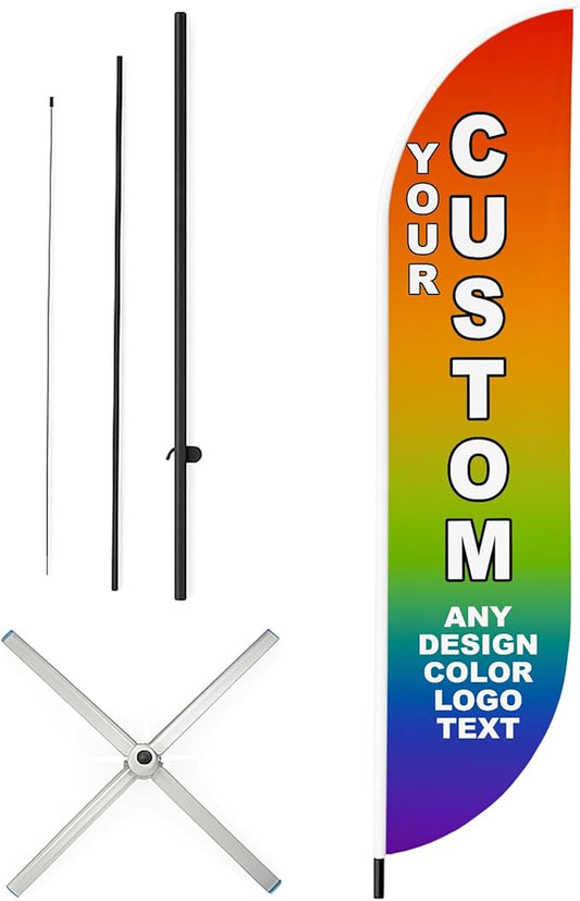 Custom Feather Flag(8.2Feetx1.6Feet) By Dreamcontroller for Business Outside with Optional Add-On Pole (8.2Feet) and Crossbase | Swooper Flag Banner | Made In USA | HD Print