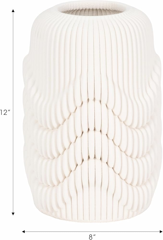 Ceramic Vase for Office and Room Decor – 3D Printed Ribbed Elegant Flower Vase for Bedroom, Table, and House Setting – Minimalist Accent for Home and Living Room Decor – 12” Ivory