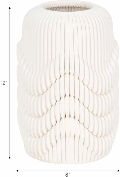 Ceramic Vase for Office and Room Decor – 3D Printed Ribbed Elegant Flower Vase for Bedroom, Table, and House Setting – Minimalist Accent for Home and Living Room Decor – 12” Ivory
