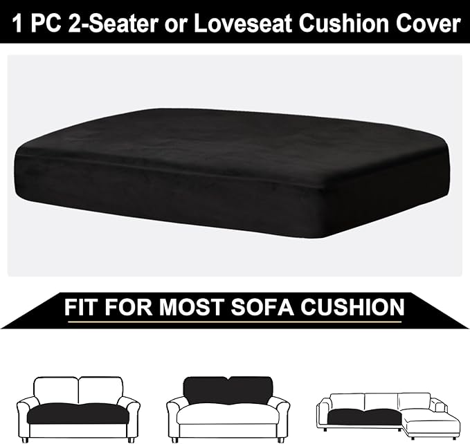NAISI Couch Cushion Covers 1 Piece Velvet Stretch Loveseat Cover or 2 Seat Sofa Cover Soft Individual Couch Covers for Sectional Sofa(1 PC for 2-Seat Cushion or Loveseat,Black)