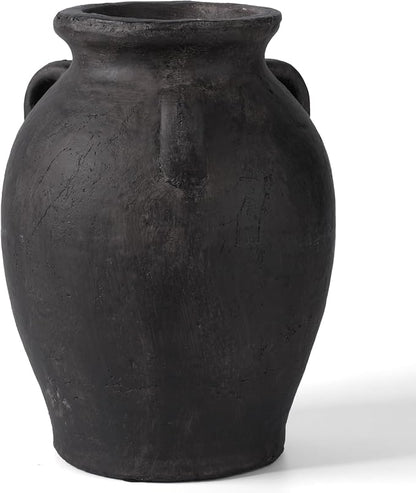 Rustic Matte Black Ceramic Vases, 9.5" H Handmade Distressed Terracotta Vases with 3 Ear, Large Decorative Farmhouse Pottery Vase Home Decor for Table Fireplace Entryway Shelf (Dark Charcoal Taupe)