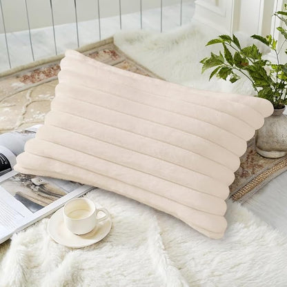 decorUhome Faux Fur Spring Throw Pillow Covers 12x20 Set of 2, Decorative Soft Plush Striped Lumbar Neutral Couch Pillow Covers with Velvet Back for Sofa, Bed, Living Room Home, Beige