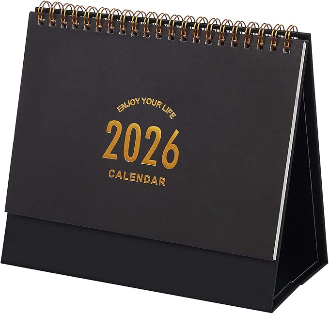 Small Desk Calendar 2025-2026, Use Now to Dec 2026, Standing Flip Desk Calendar with To-do List & Notes, Metal Ring Twin-Wire Binding with Stickers, Monthly Desktop Calendar for Home Office (Black)