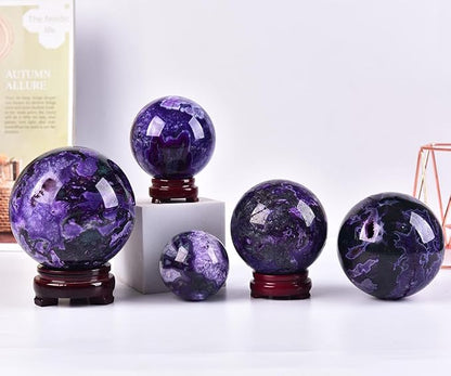JIC Gem 2.7-3.1 inch(70-80mm) Large Purple Moss Agate Crystal Sphere Quartz Crystal Ball with Stand Healing Ornament Witchcraft Meditation Decor