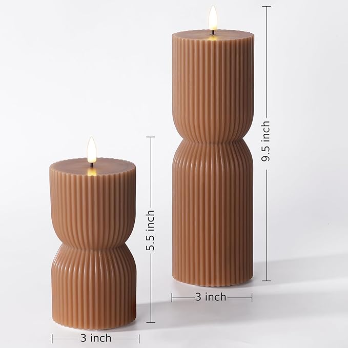 Brown Ribbed Flameless Pillar Candles with Remote, Real Wax Flickering Battery LED Candles Christmas Decor Gift Set of 2