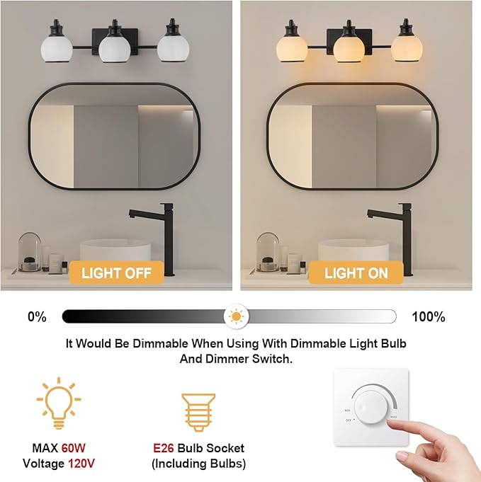 3 Light Modern Bathroom Light Fixtures Over Mirror (LED Bulbs Included), Black Vanity Lights for Bathroom Wall Sconces with Milky White Globe Glass Shades