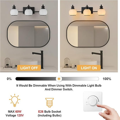 3 Light Modern Bathroom Light Fixtures Over Mirror (LED Bulbs Included), Black Vanity Lights for Bathroom Wall Sconces with Milky White Globe Glass Shades