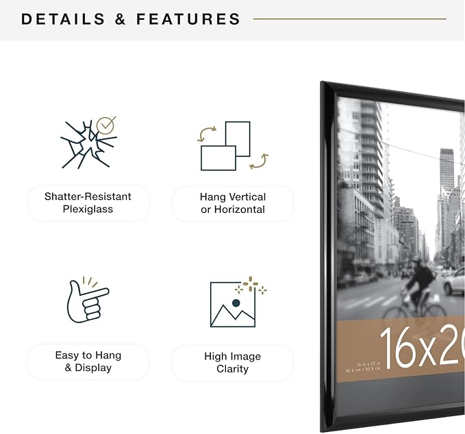 MCS Trendsetter 16x20 Poster Frame Black High-Gloss, Vertical & Horizontal Wall Hanging Large Picture Frame for Photos, Posters & Art Prints (1-Pack)