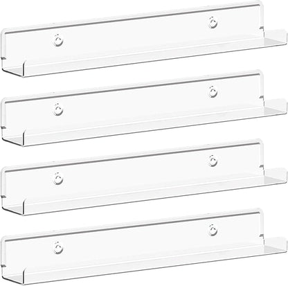 Lifewit Narrow Floating Shelves for Vinyl Record 4 Pack, 12" Clear Wall Shelves for Nail Polish/Book/Picture/Makeup, Acrylic Wall Display Shelf Organizer for Bedroom, Living Room, Bathroom Decor