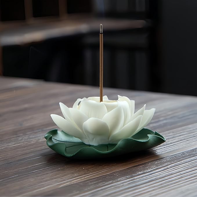 Lotus Incense Holder - White Ceramic Bloom with Leaf Tray, Aromatherapy Decor, Meditation Gift Set, Zen Home Office Desk Altar Decor (Handmade, Ash Catcher, Unique Holiday Present)