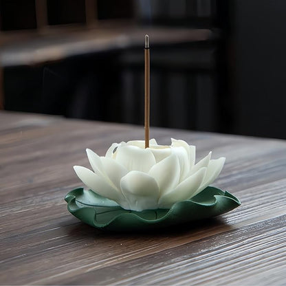 Lotus Incense Holder - White Ceramic Bloom with Leaf Tray, Aromatherapy Decor, Meditation Gift Set, Zen Home Office Desk Altar Decor (Handmade, Ash Catcher, Unique Holiday Present)