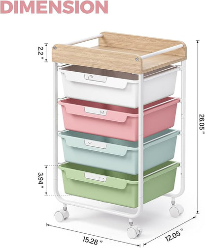 Rolling Storage Utility Cart With 4 Drawers,Kids Craft Art Cart,Makeup Organizer And Storage with Wooden Tabletop,Rainbow