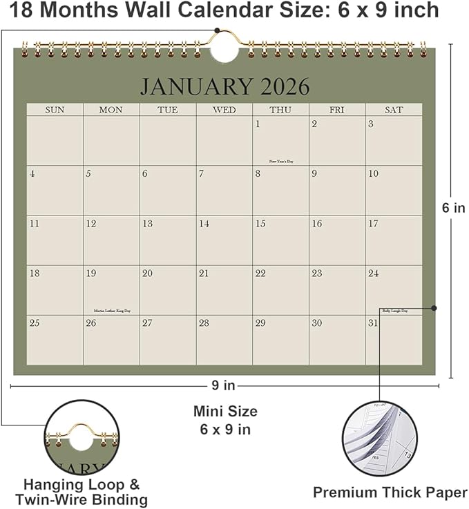 Small Wall Calendar 2026 - Mini Calendar 2026-2027 from January 2026 - June 2027, 18 Months Little Calendar with Premium Paper, 6" x 8", Green