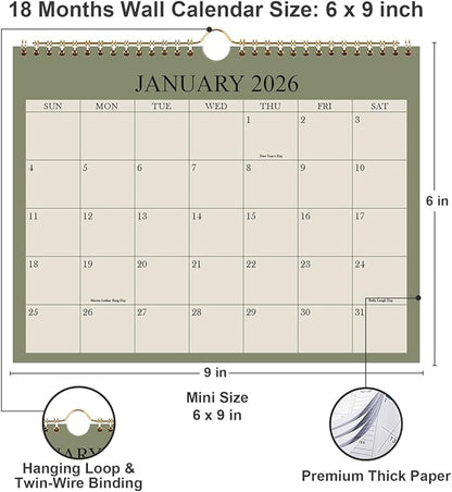 Small Wall Calendar 2026 - Mini Calendar 2026-2027 from January 2026 - June 2027, 18 Months Little Calendar with Premium Paper, 6" x 8", Green
