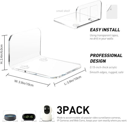 OAPRIRE Acrylic Floating Wall Shelves Set of 3 for Security Cameras, Baby Monitors, Speakers - Universal Small Wall Shelf with Cable Clips, 10-Piece Strong Tapes, No Drill (Clear)