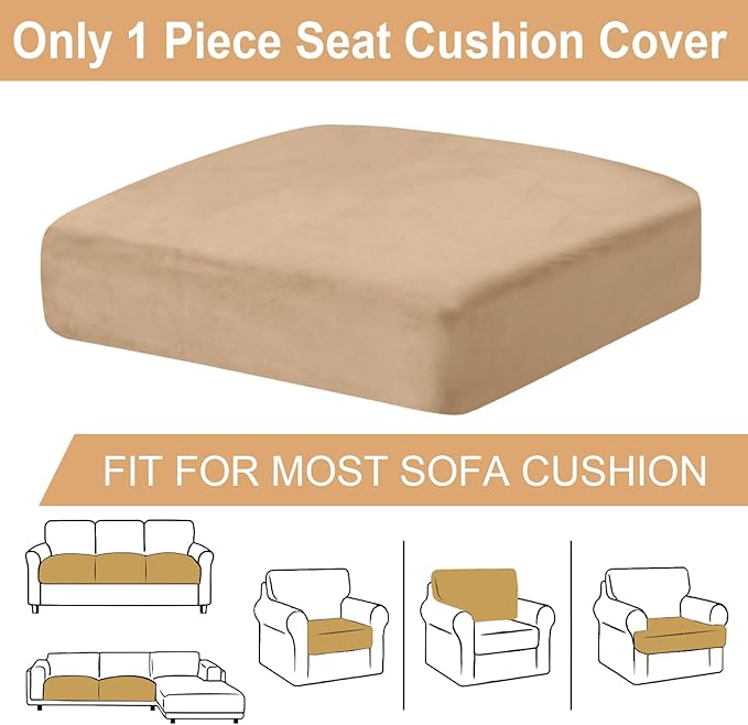 Couch Cushion Cover Velvet 1 Piece Seat Cushion Cover Stretch Armchair Cover Separate Sectional Sofa Slipcovers Furniture Protector (1-Seater or Sofa Backrest, Camel)
