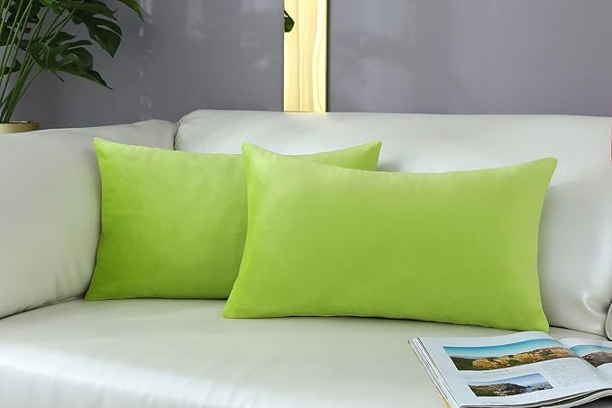 mixeoo Comfy Lime Green Throw Pillow Covers Decorative Lumbar Solid Rectangle Thick Velvet Super Soft Cushion Cases Home Decor for Sofa Couch Living Room Chair, Set of 2, 12 x 20 Inch