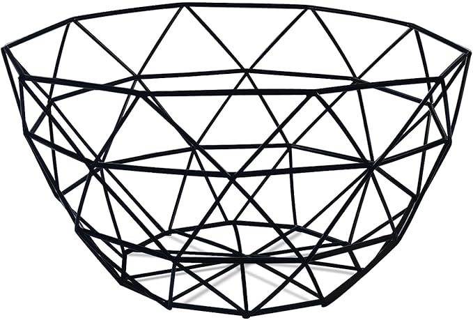 IBWell Geometric Metal Wire Fruit Bowl, Iron Arts Fruit Storage Baskets (Black, Large)