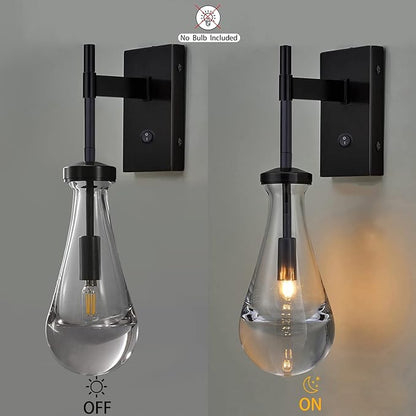 HuisMier Black Wall Sconces, Raindrop Sconces Wall Lighting with On/Off Switch Button, Modern Clear Glass Vanity Light Fixtures Raindrop Wall Sconce for Bathroom Bedroom Living Room Hallway