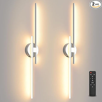 Wireless Battery Operated Wall Sconces with Remote, USB Rechargeable Led Wall Lights, 3000K-6000K Chrome wall sconces for Bedroom, Hallway, Living Room. Chrome 31.4-Inch Wall Light Set of Two