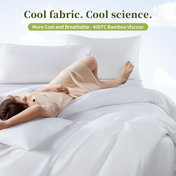 Shilucheng 100% Viscose Derived from Bamboo_ Sheets Cal King Size 4pcs - Ultra Cooling & Silky Soft Bed Sheets, 16" Deep Pocket, Perfect for Hot Sleepers, Hotel Bedding Sheets (White)