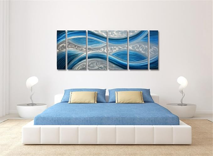 Handmade Abstract Metal Wall Art with Soft Color, Large Scale Decor in Blue Line Design Metal Art, 3D Artwork for Indoor Outdoor Wall Decorations, Decorative hanging in 6-Panels Measures 24"x 65"