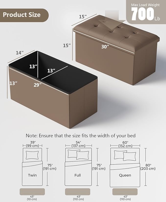 Folding Storage Ottoman Bench, Multi-Functional Ottoman Foot Rest, End of Bed Bench, Storage Chest for Living Room, Bedroom, Hallway, Entryway, Holds Up to 600 lbs (Brown, 30 Inches)