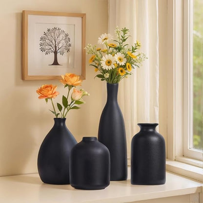 Black Ceramic Vase Set of 4, Matte Black Vases for Home Decor, Ceramic Small Bud Vase for Flowers, Modern Minimalism Decorative Flowers Vases for Centerpieces, Table, Shelf, Office Decor