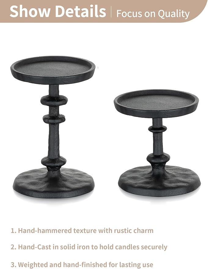 NUPTIO Pillar Candle Holder Black: Solid Cast Iron Candle Stand for 3 Inch Pillars - Handcrafted Hammered Candleholder for Thanksgiving Christmas Fireplace Mantle Decor