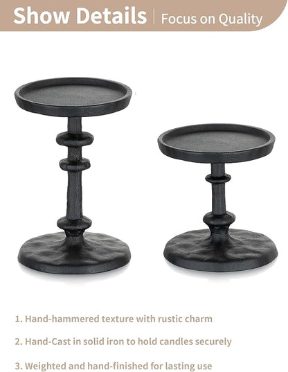 NUPTIO Pillar Candle Holder Black: Solid Cast Iron Candle Stand for 3 Inch Pillars - Handcrafted Hammered Candleholder for Thanksgiving Christmas Fireplace Mantle Decor