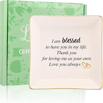 Mothers Day Birthday Gifts for StepMom Bonus Mom,Mother in Law Gift-Ceramic Ring Dish, Jewelry Tray, I am Blessed to Have You in My Life,Thank You for Loving Me as You Own…