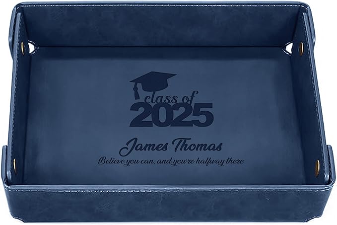 Engraved PU Leather Valet Tray – Personalized Catchall with Custom Name for Desk, Dresser, or Nightstand – Compact Organizer for Keys, Wallet, Jewelry – Graduation Gift for Him or Her – Blue