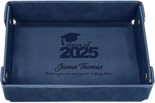 Engraved PU Leather Valet Tray – Personalized Catchall with Custom Name for Desk, Dresser, or Nightstand – Compact Organizer for Keys, Wallet, Jewelry – Graduation Gift for Him or Her – Blue