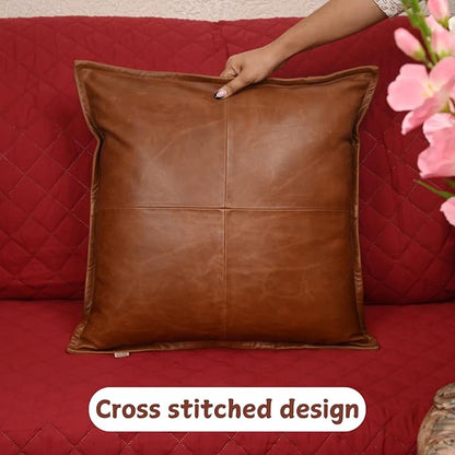 Lambskin Leather Pillow Cover - Sofa Cushion Case - Decorative Throw Covers for Living Room & Bedroom, 18x18 Inches - Tan Orange Box Pack of 1