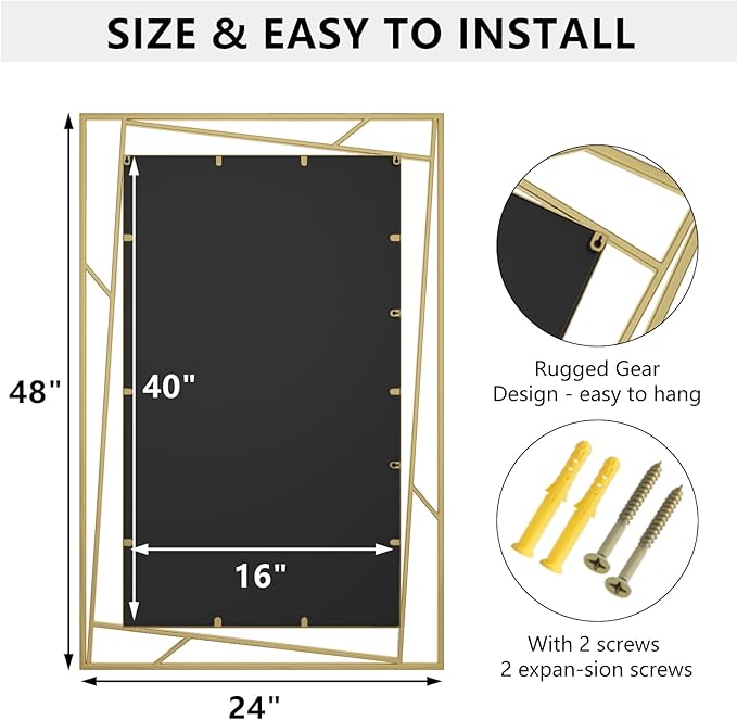 Brushed Gold Bathroom Mirror, 48''X24'' Rectangular Wall Mirrors with Geometric Metal Frame for Bathroom Bedroom Living Room, Hang Horizontally or Vertically