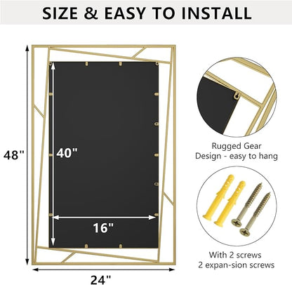 Brushed Gold Bathroom Mirror, 48''X24'' Rectangular Wall Mirrors with Geometric Metal Frame for Bathroom Bedroom Living Room, Hang Horizontally or Vertically