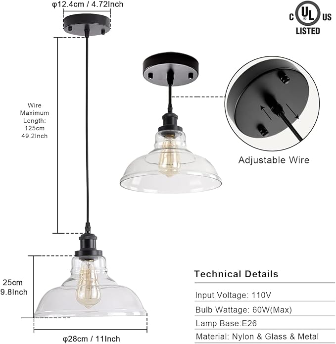 3 Packs Industrial Pendant Lights, Vintage Hanging Light Over Table, Clear Dome Glass Lampshade, Black Lamp Head and Base, Adjustable Hanging Height Lighting Fixtures