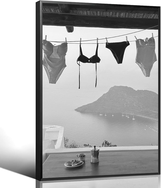 Black and White Photography Canvas Wall Art, Summer Coastal Hanging Bikini Aesthetic Poster, Vintage Trendy Beach Landscape Picture, Museum Photo Art Coastal Print for Bedroom 24x36in Framed